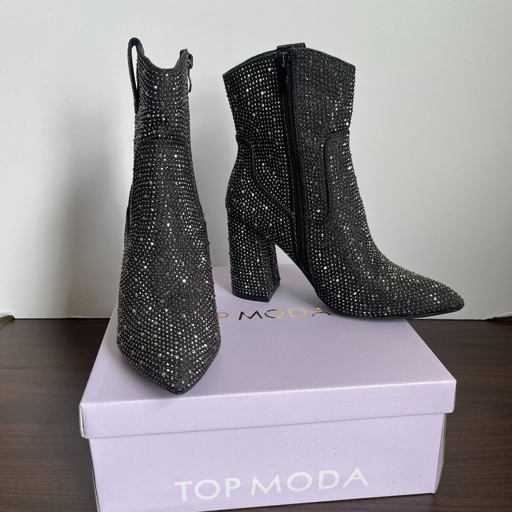 Alias Women's Rhinestone Black Denim BLING Western Block Heel BLING Boots 7.5